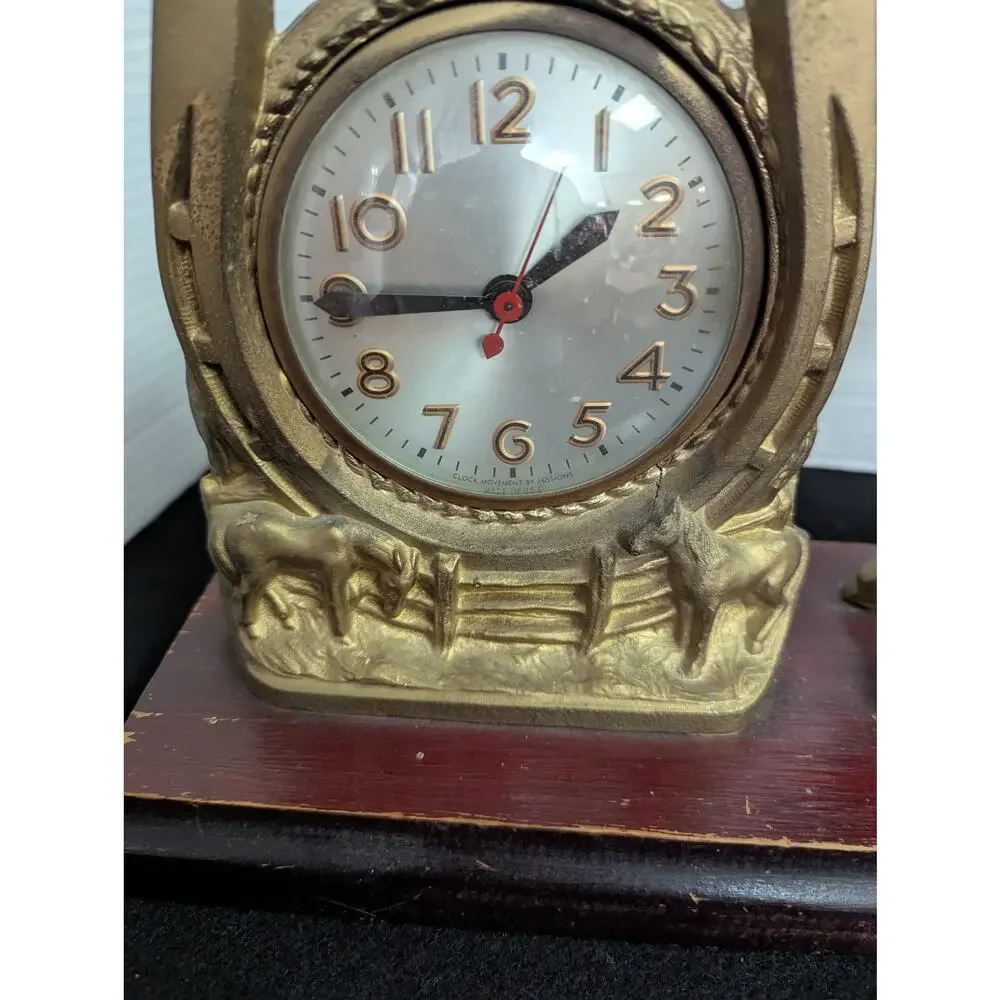 Vintage Kitschy Western Gold Horse Clock Retro Horseshoe Mantel Clock Equestrian